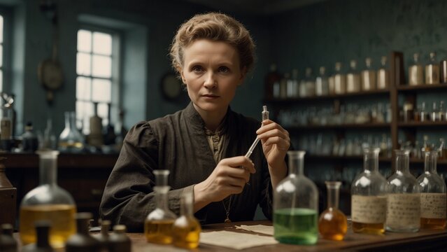 Statue of Marie Curie: Curie holding a vial of radioactive material, standing in a laboratory, with rows of chemical apparatus and research notes in the background.