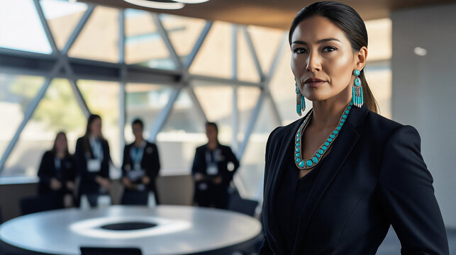Native American woman in a tailored black suit and turquoise jewelry confidently leads a product launch meeting with her team gathered around a circular table in a bright office space - Powered by Adobe