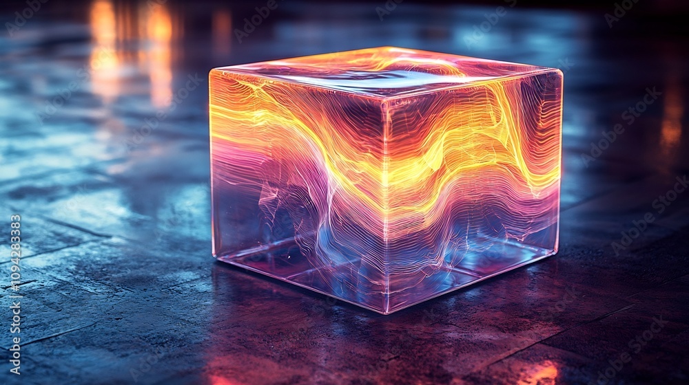 Aufkleber colorful transparent cube with bending graph lines symbolizing multidimensional data