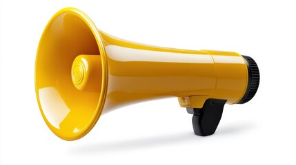 A bright yellow megaphone on a white background