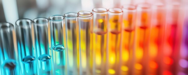 Close-up of colorful test tubes filled with liquid, showcasing a vibrant array of colors for research and experimentation.