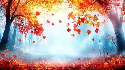 A misty autumn forest, with fallen leaves carpeting the ground and an ethereal stillness in the air.