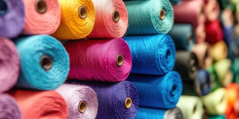 Colorful rolls of thread arranged neatly, perfect for sewing enthusiasts and craft projects.