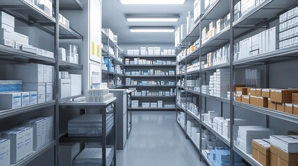Obraz premium Neat Shelving System in a Pharmacy Storage Room