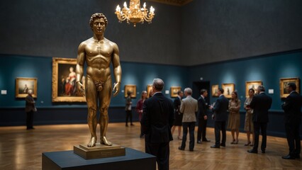 Statue of Sotheby: Sotheby in a velvet coat, standing in an elegant auction hall, with buyers and rare artworks in the background.