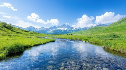 Fototapeta premium A peaceful mountain valley with a crystal-clear stream winding through green meadows and grazing wildlife.