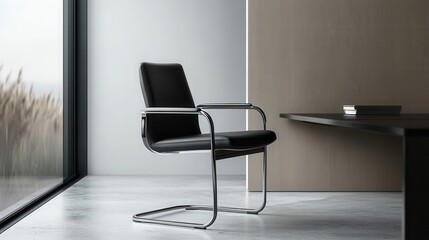 Fototapeta premium A sleek black chair beside a modern table in a minimalist office environment.