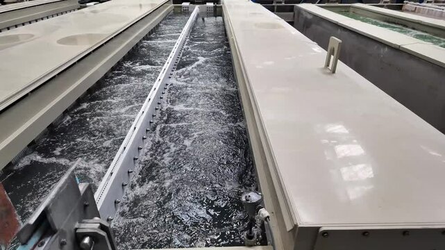 Large industrial bath for chemical treatment of metal products. Process in industrial factory