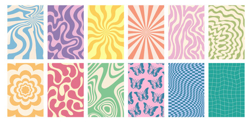 Groovy hippie 70s background set with swirl or twirl pattern, distorted wave, twisted texture, spiral checkerboard and brutalist geometric art in retro psychedelic y2k boho style. Groovy banner frame.