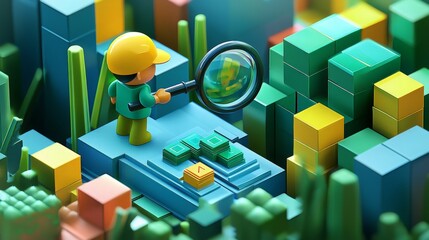 D Worker Inspecting Financial Growth  Abstract Data Cubes  Magnifying Glass