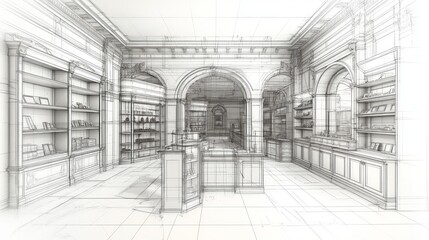 Architectural sketch of a luxurious retail space with ornate details, shelving, and display counters.