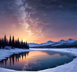 Fototapeta premium Illustration of winter landscape with frozen lake and starry sky.