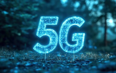 Illuminated 5G symbol glowing in a nature setting, representing advanced connectivity and modern innovation.