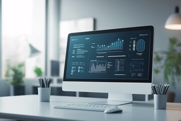 Modern Office Desktop with Data Analytics: A sleek desktop computer with a large monitor displaying a user interface filled with dynamic data graphs, charts, and visualizations.