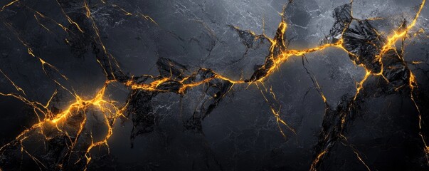 Abstract Digital Artwork with Dark Gray Marble Background and Glowing Yellow Cracks for Luxury Design and Wallpaper
