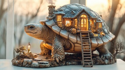 A 3D resin three-dimensional statue logo, a resin sculpture of an ancient giant turtle with a house on its back, and a stone ladder leading to the door 