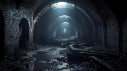 Naklejka premium Dark Abandoned Underground Tunnel Scary Eerie Dungeon Vintage Architecture with Low Light and Wet Floor