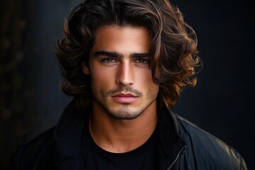 Handsome young man with wavy brown hair and strong jawline in black jacket against dark background fashion model portrait