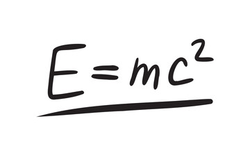 e equal mc2 formula. Physics formula hand drawing e equal sign mc2. energy, mass and speed of light doodle line lettering.