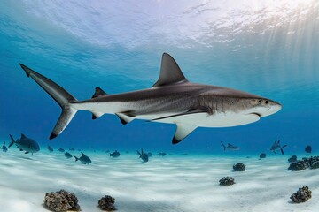 Fototapeta premium Elegant Hammerhead Shark Gliding Smoothly in a Calm White Environment