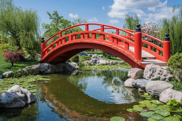 Japanese Garden with Red Arch Bridge