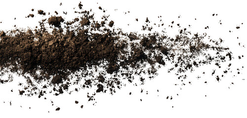Mid-air display of soil and dirt particles, artistically frozen above a white canvas.
