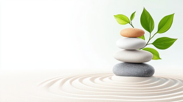 A tranquil zen garden scene with meticulously balanced stones on raked sand patterns.