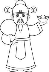 Chinese god of wealth holding gold ingot outline vector.
Cute Chinese God of Wealth coloring drawing SVG.
Happy Chinese lunar new year. 
Transparent background.
