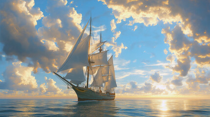 Obraz premium A sailing ship with white sails sails on the ocean in the doldrums, against a sky with clouds and the glare of the sun