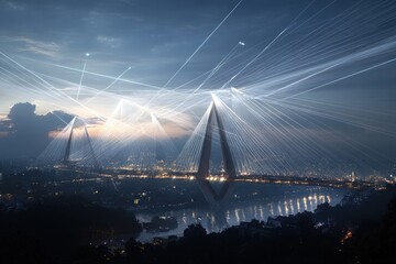 Obraz premium A futuristic bridge illuminated by beams of light over a cityscape at dusk.