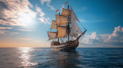 Fototapeta premium A sailing ship with sails is sailing on the ocean in the doldrums, against a blue sky. The ship is sailing in the direction of the person looking at it.