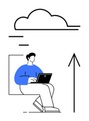 Person operating laptop with large cloud above, upward arrow to its right. Ideal for cloud computing, data storage, internet services, remote work, file sharing, digital technology, online