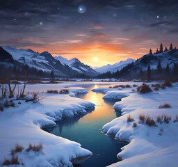 Illustration of winter landscape with frozen lake and starry sky.