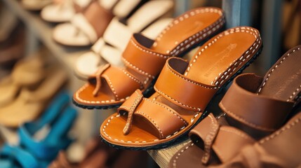 Focus on the intricate stitching and smooth leather of Swazi sandals among other leather goods