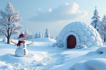 Obraz premium Collection of snowdrifts and icicles of different shapes in realistic style. Winter elements - snowman and icehouse igloo.