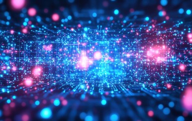 Fototapeta premium Abstract digital network data flow, glowing particles and lines, blue and pink color scheme.