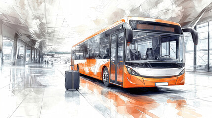 Stylish modern airport bus in orange and white tones parked inside a terminal with a suitcase nearby, created with watercolor and sketch elements