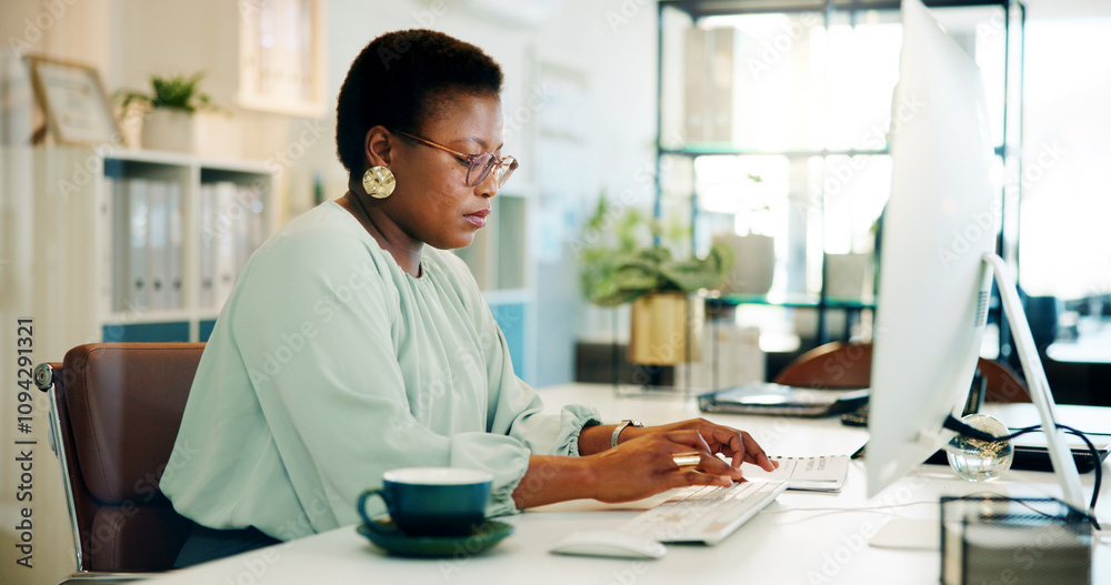Poster black woman, office and computer with typing and blog post for digital journalist at creative agency