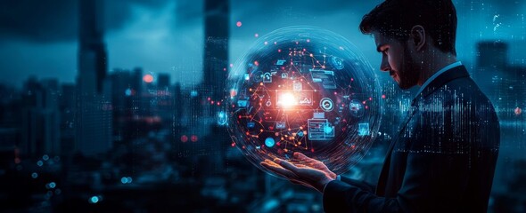 Businessman Holding Holographic Human Resources Sphere in Dark Cityscape for Recruitment and Team Management