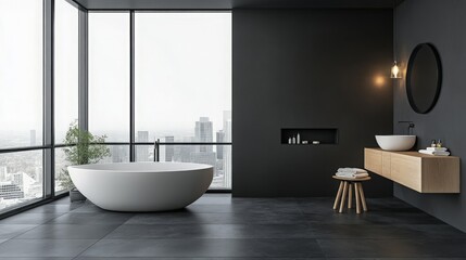 Modern Bathroom Design  Freestanding Tub  City View  Dark Walls