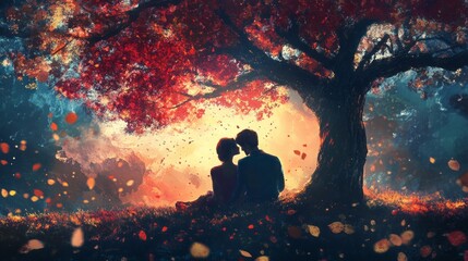 a couple sitting under the tree, beautiful background 