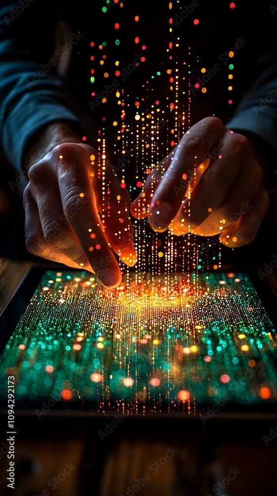 Poster business analyst using tablet to project holographic graph with data points in minimalist backdrop