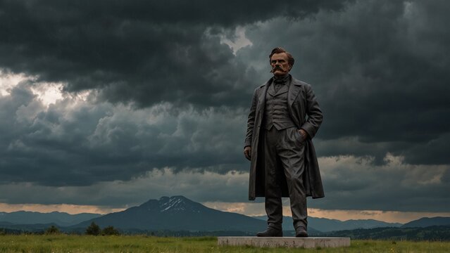 Statue of Friedrich Nietzsche: Nietzsche standing on a German meadow, wearing a black coat, with dark clouds over mountains and a contemplative gaze.