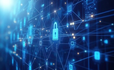 Obraz premium Abstract digital network security concept with padlock icon and glowing nodes.