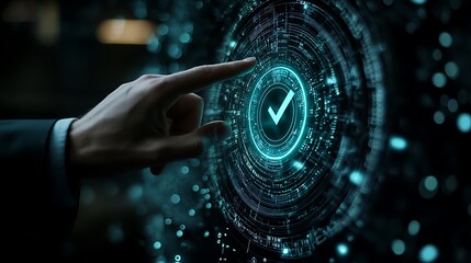 Businessman touching virtual shield and check mark icon