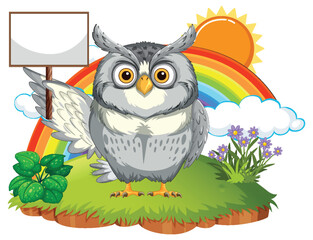 Owl with Rainbow and Sign Illustration