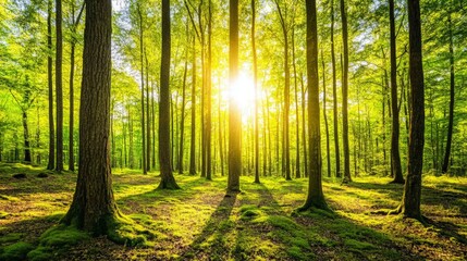 Obraz premium Sunlit Green Forest Lush Trees Mossy Ground Sunlight Nature