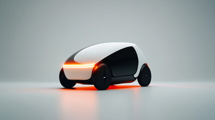 This compact car features a modern design with a smooth, aerodynamic shape and striking LED lights. Set against a plain background, its black and white color scheme enhances its futuristic appeal.