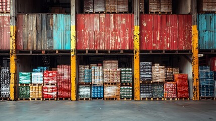 Obraz premium Organized Warehouse Shelves With Stacked Goods and Supplies Wholesale Supply Chain Efficiency