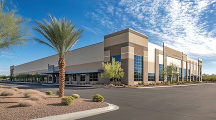 Obraz premium Modern Commercial Building with Palm Trees and Blue Sky